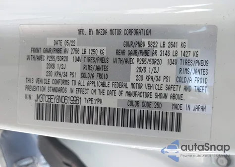 2022 Mazda Cx-9 Signature from USA, damaged, VIN JM3TCBEY8N0619961